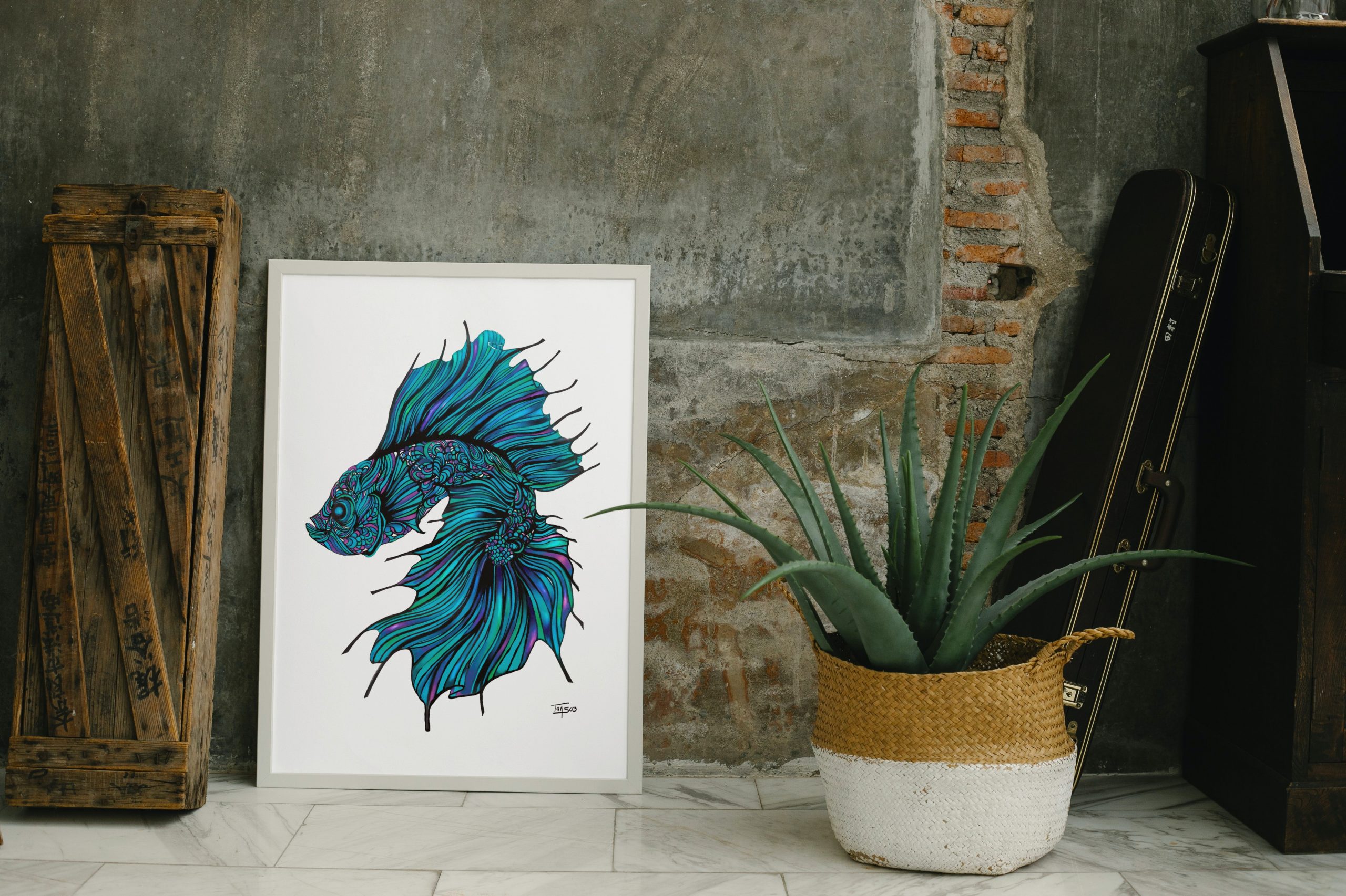 blue fighting fish watercolor painting print by Tania Sotres tanso3, art, animal, illustration, blue betta, home decor, wall art, gift, portrait_1 (1)