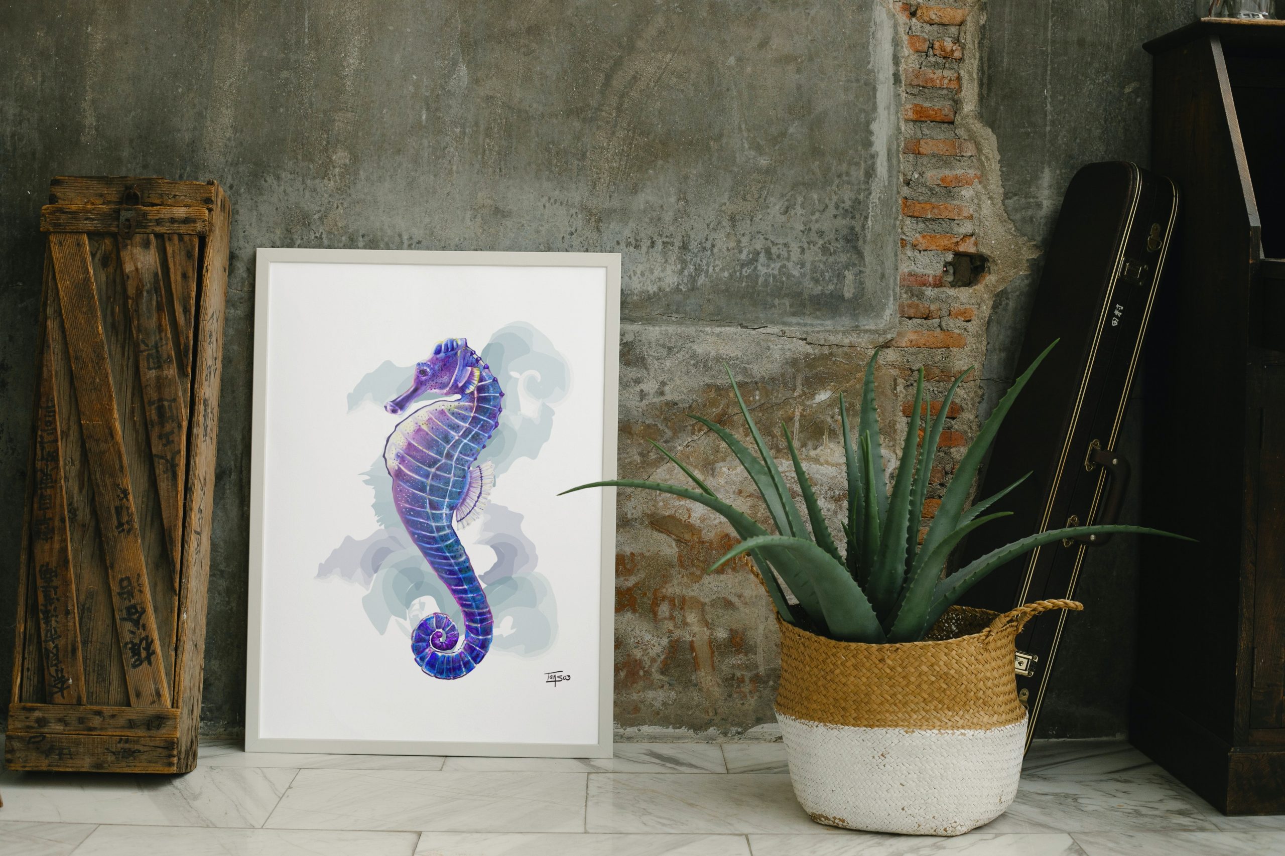 blue seahorse watercolor painting print by Tania Sotres tanso3, art, animal, illustration, blue betta, home decor, wall art, gift, portrait_1 (1)