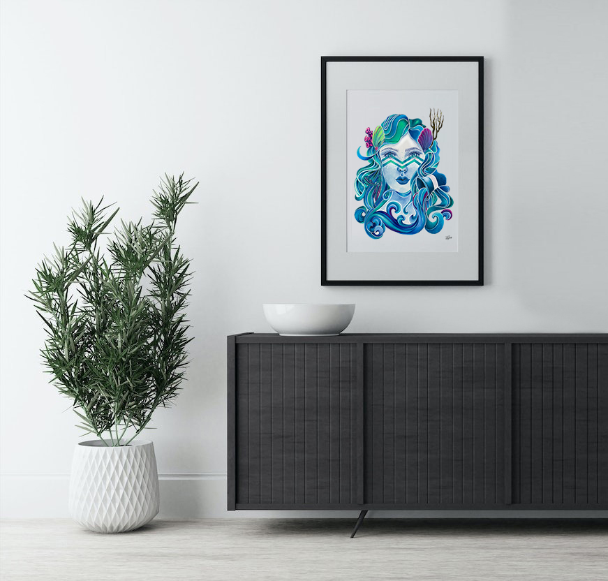 zodiac sign aquarius astrology color pencil painting print by Tania Sotres tanso3, art, illustration, blue betta, home decor, wall art, gift, portrait (2)